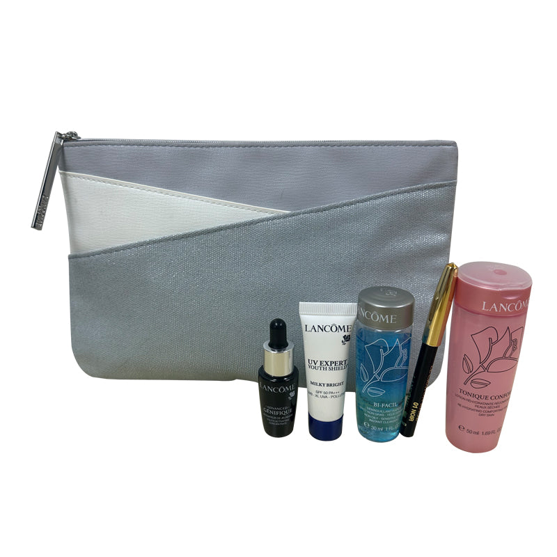 Lancome skincare -5 Piece gift set with Silver Grey make-up bag