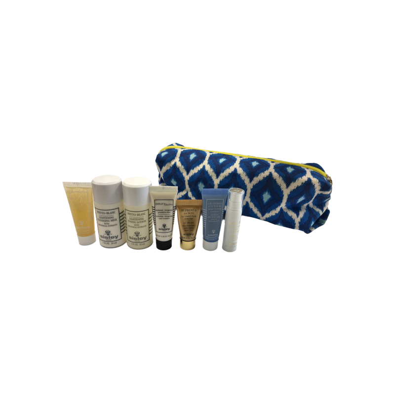 Sisley Skincare 7-Piece travel set ( with Blue and White Makeup Bag)